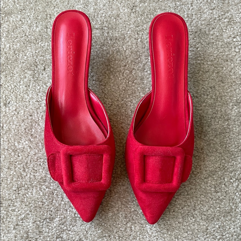 Elegant Red Mules with Buckle Detail